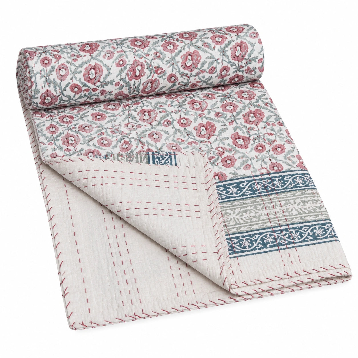 Copriletto Kantha Floreale Indiano, Fatto a Mano, per Letto Matrimoniale