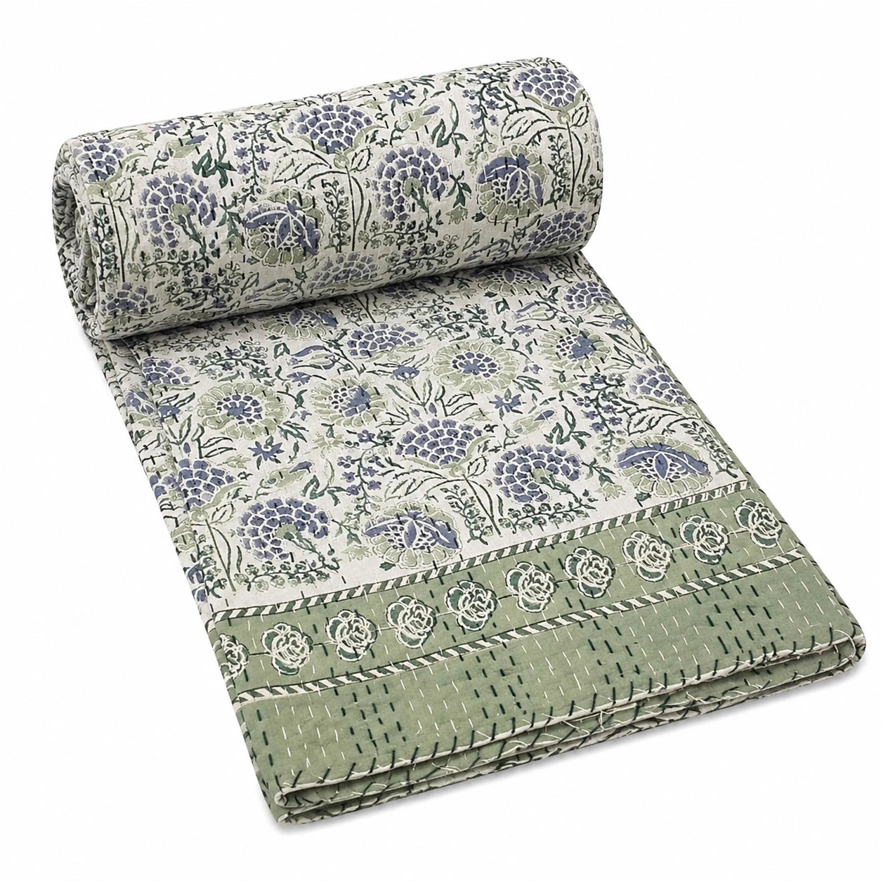 Trapunta Kantha Bohémien in Cotone Verde Chiaro per Letto Queen 228x274 cm