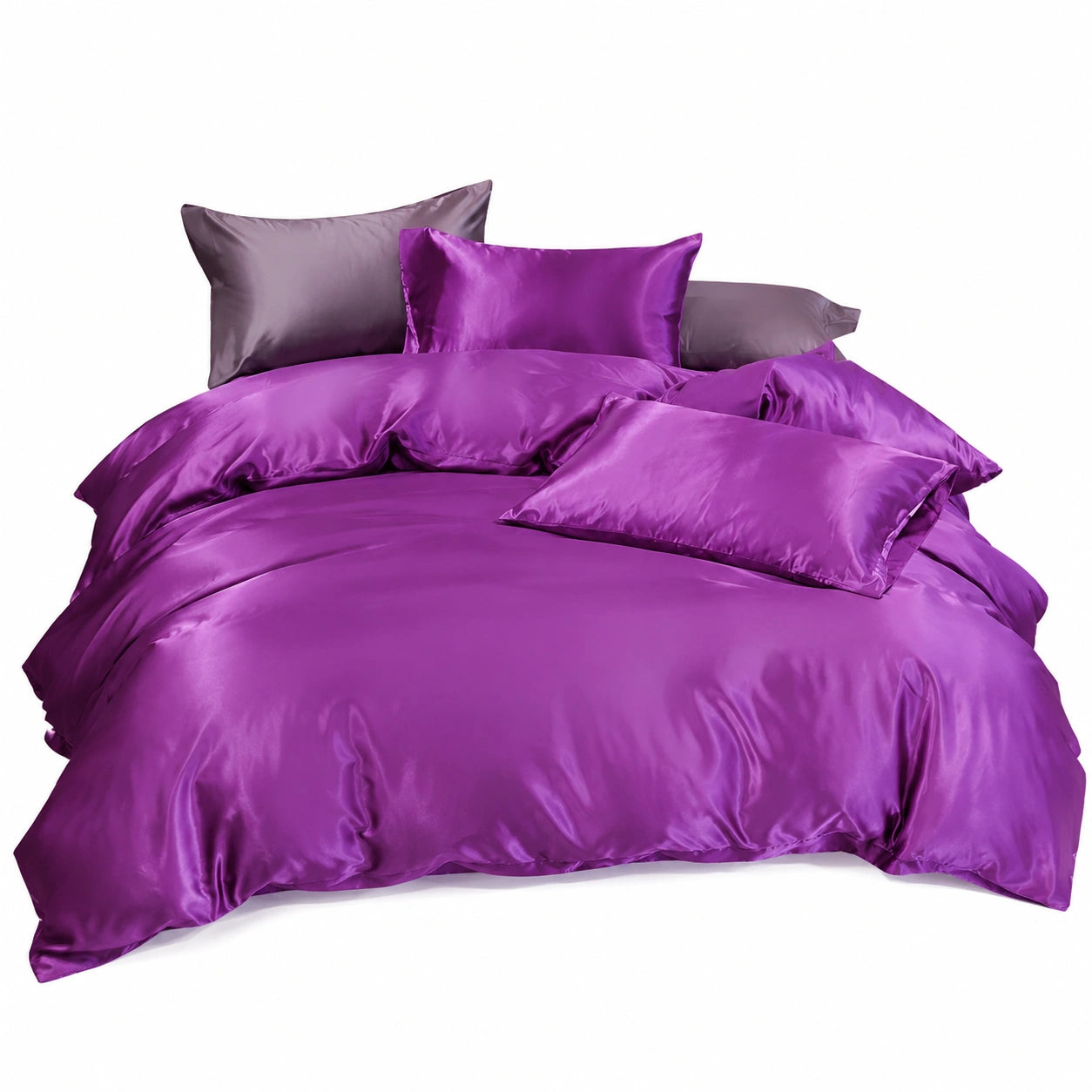 Copripiumino in raso di lusso per letto Queen con cerniera, 3 pezzi, viola scuro
