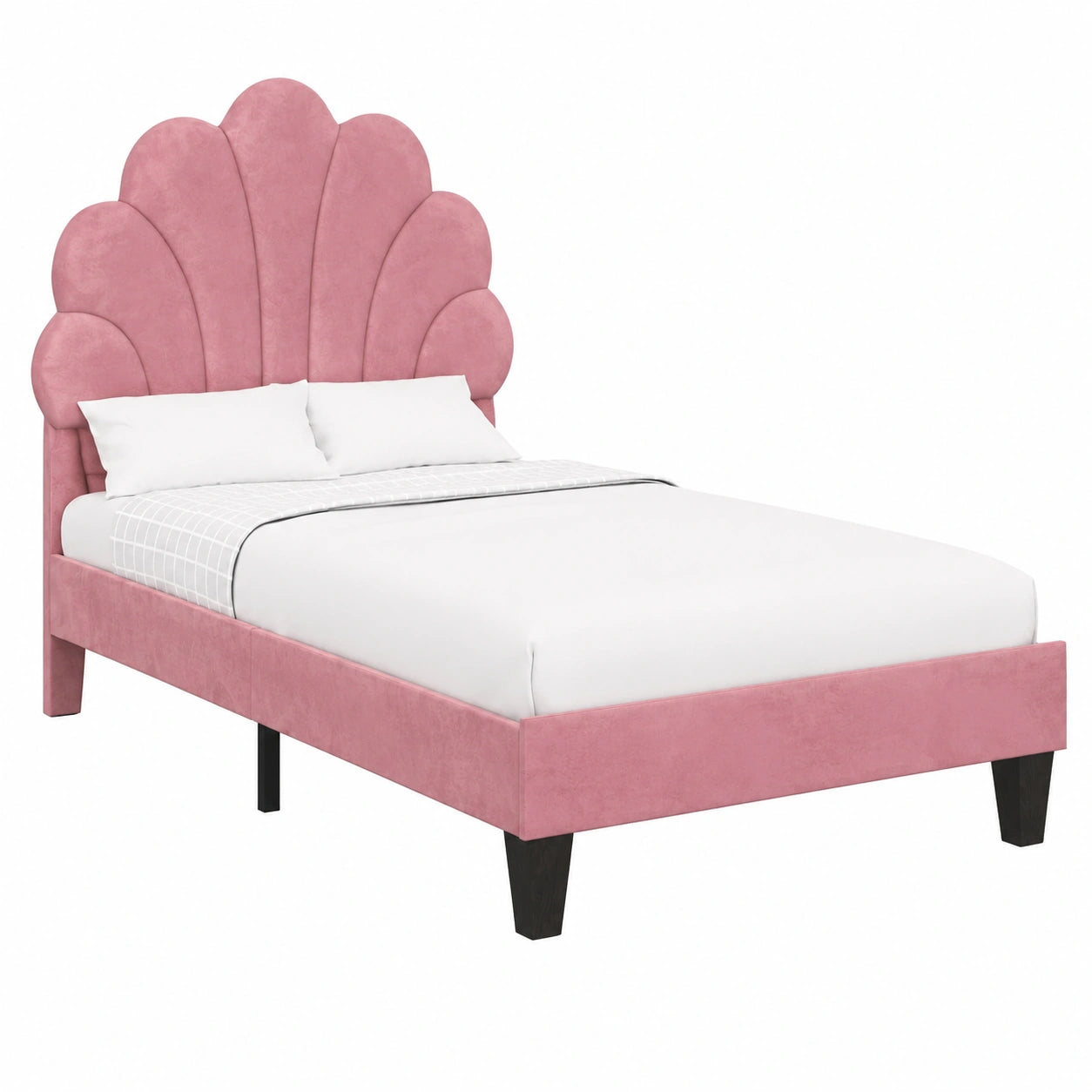 Letto Singolo AMANDA con Testiera a Conchiglia, 90x190 cm, Velluto Rosa Cipria