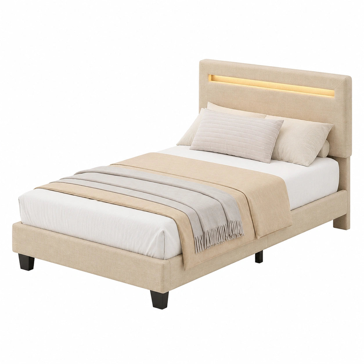 Letto singolo con testiera imbottita e luce LED, Struttura in ferro, Base robusta, Ideale per ospiti, Colore beige 90x200cm