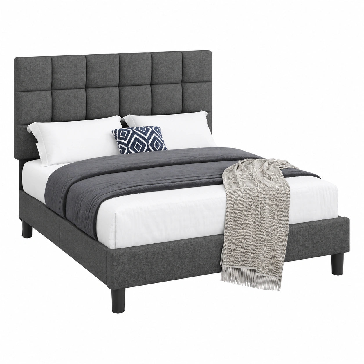 Letto Matrimoniale Imbottito 140x200 cm Grigio Scuro con Testiera Quadrata e Doghe Regolabili