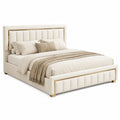 Letto Matrimoniale Imbottito con Contenitore Idraulico in Velluto Beige, 160x200 cm