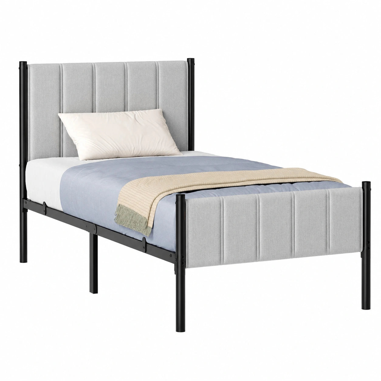 Struttura Letto Singolo con Testiera Imbottita, 90x200 cm, Acciaio Resistente, Fino a 250 kg, Facile da Montare, Grigio Tortora
